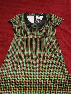 NWT! Sourpuss Green and Brown Houndstooth Dress with Vinyl Collar